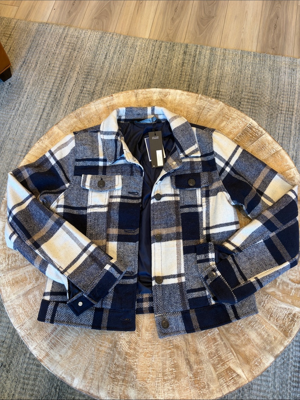 Stoosh Women’s Navy and Cream Plaid Lined Jacket